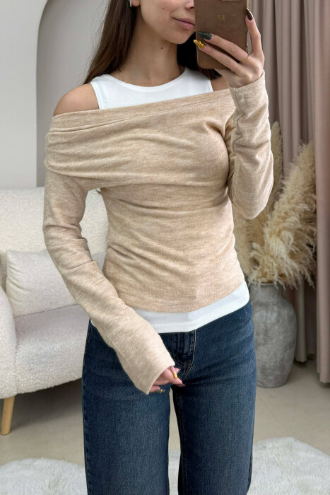 2 IN 1 SIMPLE WOMEN SWEATSHIRT+TANK TOP BEIGE/BEZHE - 3