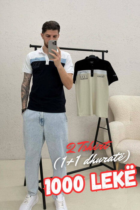 PACK OF 2 PIECES POLO NECK MEN T-SHIRTS WHITE-BLACK/BAZE - KLAUDIO FASHION