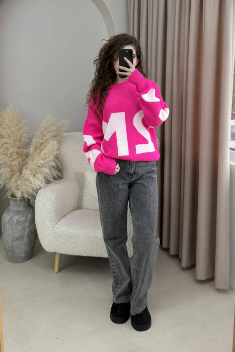 2M FRONT WRITTING KNITTED WOMEN SWEATER FUCHSIA/CIKLAMI - 