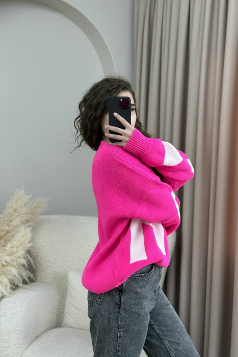 2M FRONT WRITTING KNITTED WOMEN SWEATER FUCHSIA/CIKLAMI - 4