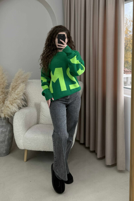 2M FRONT WRITTING KNITTED WOMEN SWEATER GREEN/JESHILE - 