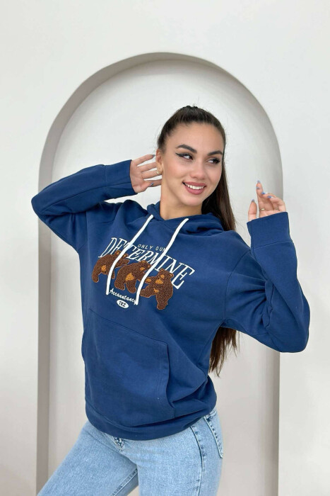 BLUZË PAMBUKU ME KAPUC PËR FEMRA NË NGJYRË BLU E ERRËT - KLAUDIO FASHION