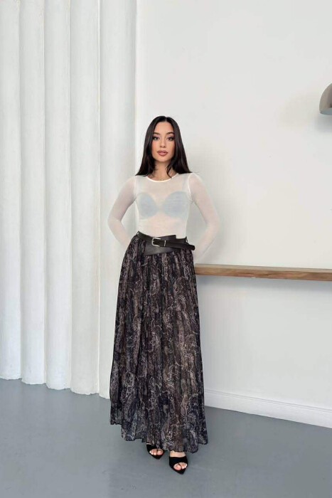 ABSTRACT DESIGN BELT DETAIL WOMAN SKIRT BLACK-BEIGE/ZEBE - KLAUDIO FASHION