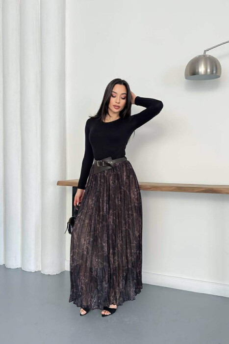 ABSTRACT DESIGN BELT DETAIL WOMAN SKIRT BLACK-BROWN/ZEKA - 1
