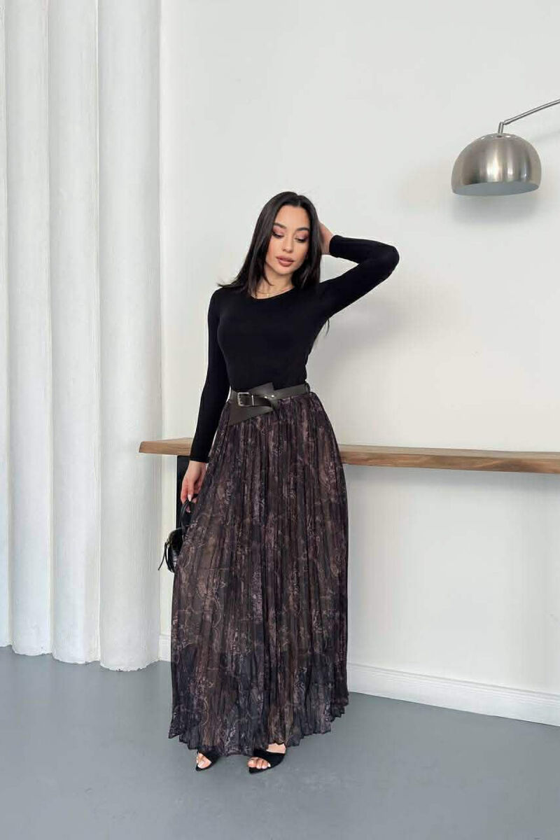 ABSTRACT DESIGN BELT DETAIL WOMAN SKIRT BLACK-BROWN/ZEKA - 1