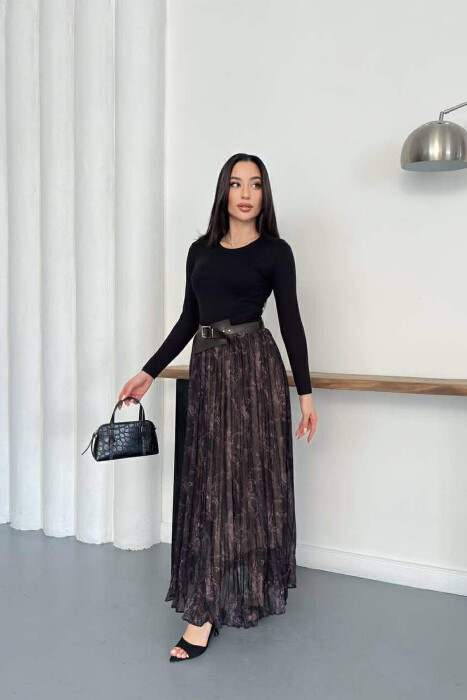 ABSTRACT DESIGN BELT DETAIL WOMAN SKIRT BLACK-BROWN/ZEKA - 2