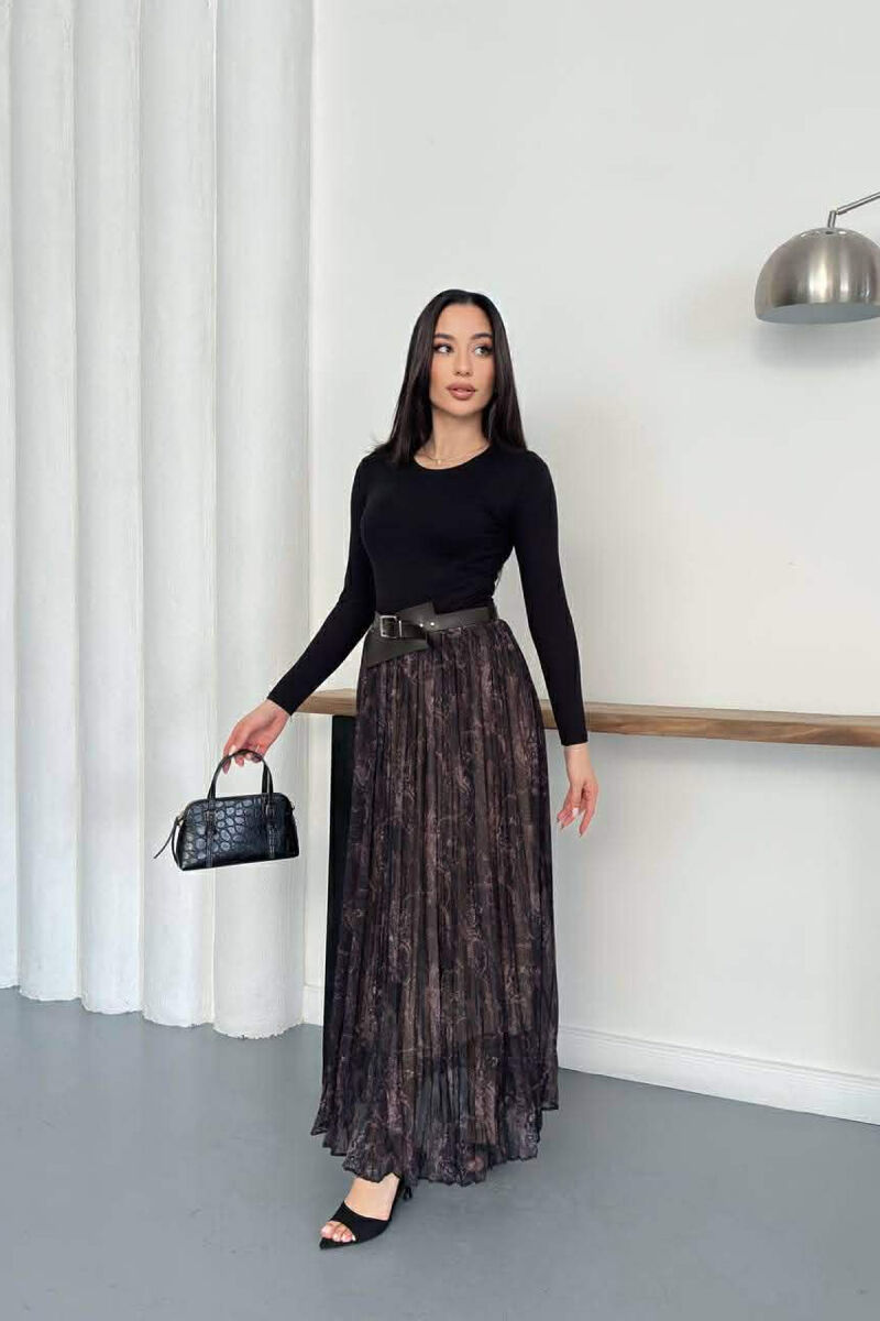 ABSTRACT DESIGN BELT DETAIL WOMAN SKIRT BLACK-BROWN/ZEKA - 2