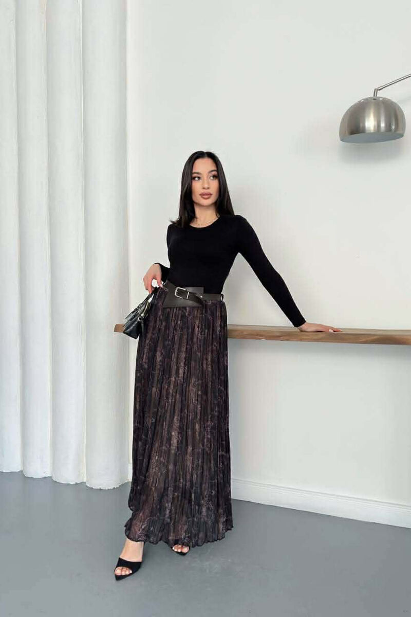 ABSTRACT DESIGN BELT DETAIL WOMAN SKIRT BLACK-BROWN/ZEKA - 3