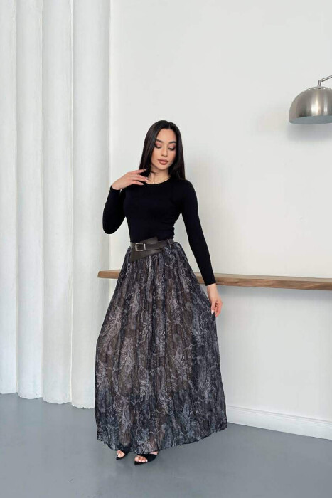 ABSTRACT DESIGN BELT DETAIL WOMAN SKIRT GREY/GRI - KLAUDIO FASHION