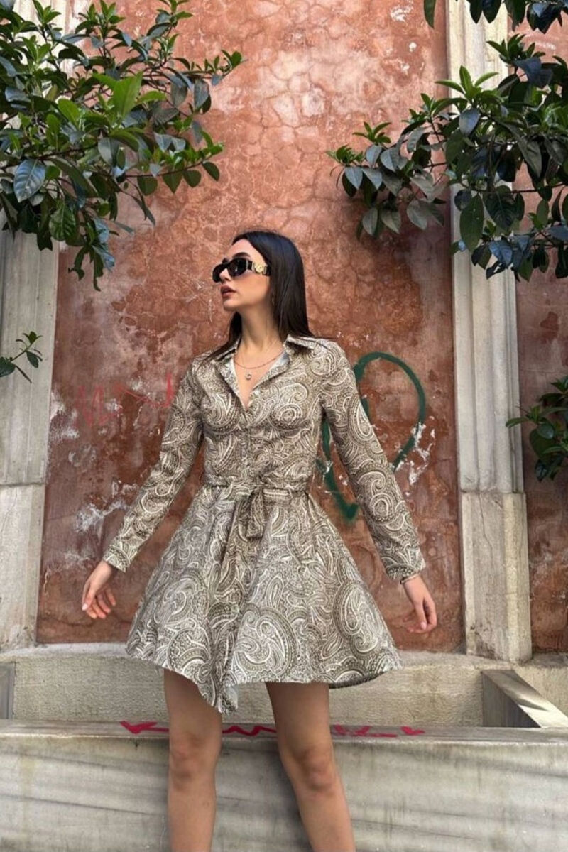 ABSTRACT DESIGN LONG SLEEVE WOMEN DRESS OLIVE/ULLI - 1