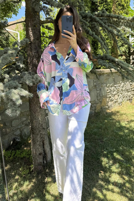 ABSTRACT DESIGN LONG SLEEVES WOMEN SHIRT PINK-GREEN/RO-JE - 1