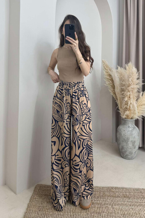 ABSTRACT DESIGN WIDE LEG WOMEN TROUSERS BEIGE/BEZHE - KLAUDIO FASHION