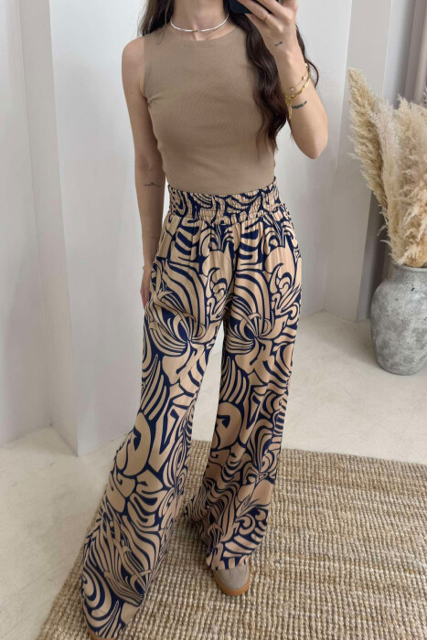 ABSTRACT DESIGN WIDE LEG WOMEN TROUSERS BEIGE/BEZHE - 2