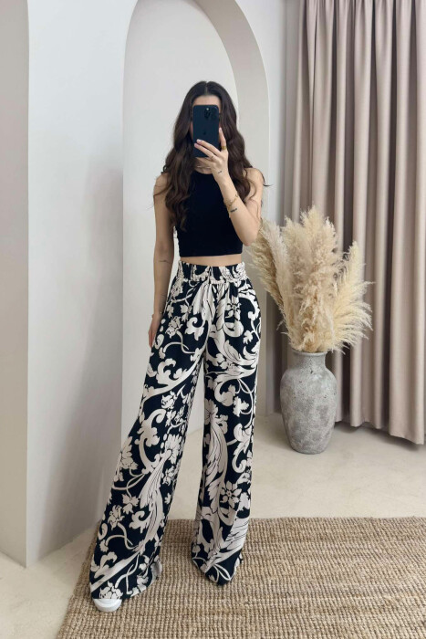 ABSTRACT DESIGN WIDE LEG WOMEN TROUSERS BLACK-BEIGE/ZEBE 