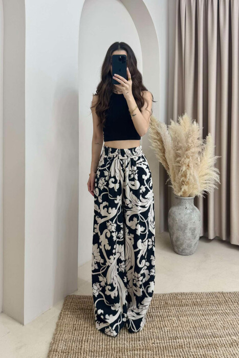 ABSTRACT DESIGN WIDE LEG WOMEN TROUSERS BLACK-BEIGE/ZEBE - 2