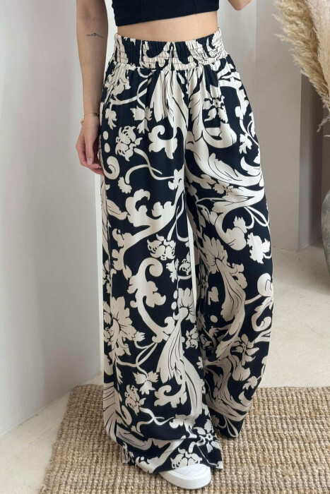 ABSTRACT DESIGN WIDE LEG WOMEN TROUSERS BLACK-BEIGE/ZEBE - 3