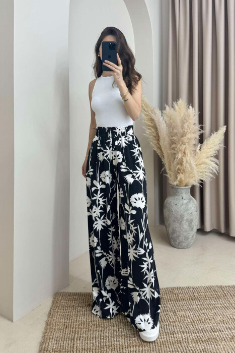 ABSTRACT DESIGN WIDE LEG WOMEN TROUSERS BLACK/ E ZEZE - 1