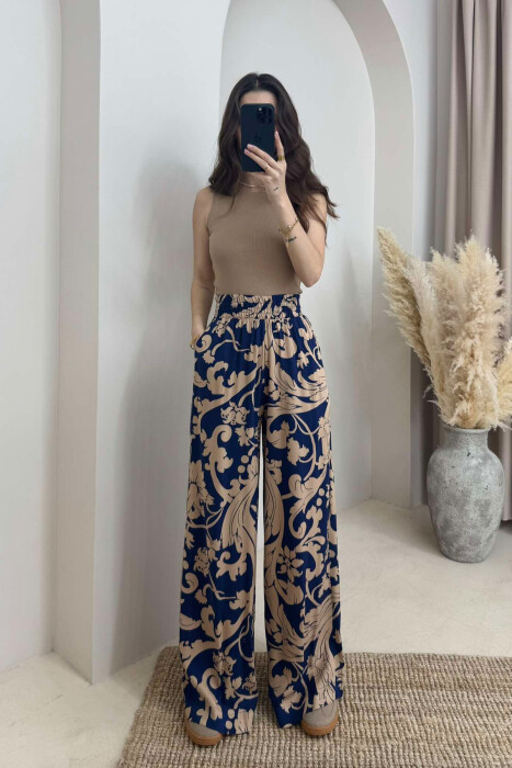 ABSTRACT DESIGN WIDE LEG WOMEN TROUSERS BLUE-BEIGE/BLBZH 