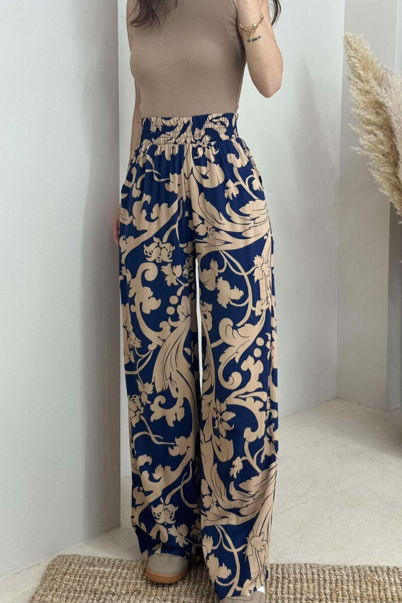 ABSTRACT DESIGN WIDE LEG WOMEN TROUSERS BLUE-BEIGE/BLBZH - 2