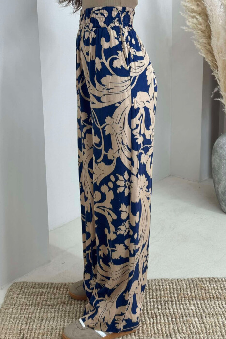 ABSTRACT DESIGN WIDE LEG WOMEN TROUSERS BLUE-BEIGE/BLBZH - 3