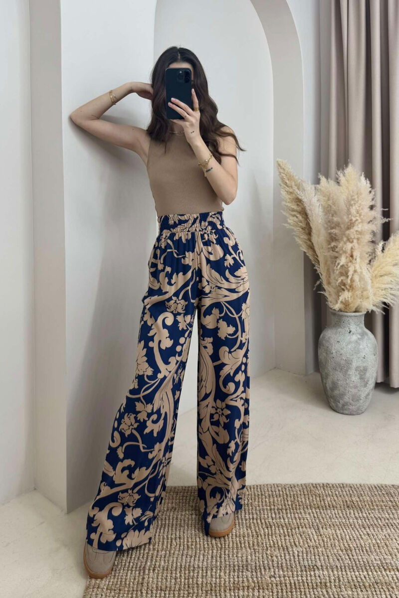 ABSTRACT DESIGN WIDE LEG WOMEN TROUSERS BLUE-BEIGE/BLBZH - 4