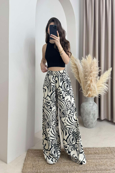 ABSTRACT DESIGN WIDE LEG WOMEN TROUSERS CREAM+BLACK/KREM+ZEZE 