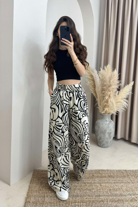 ABSTRACT DESIGN WIDE LEG WOMEN TROUSERS CREAM+BLACK/KREM+ZEZE - 2