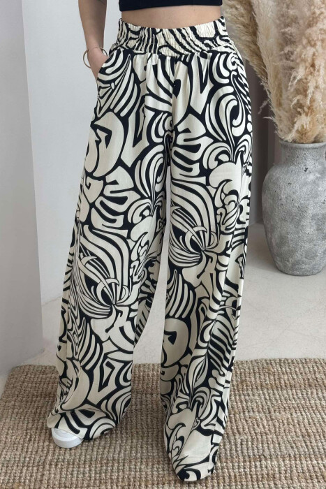 ABSTRACT DESIGN WIDE LEG WOMEN TROUSERS CREAM+BLACK/KREM+ZEZE - 3