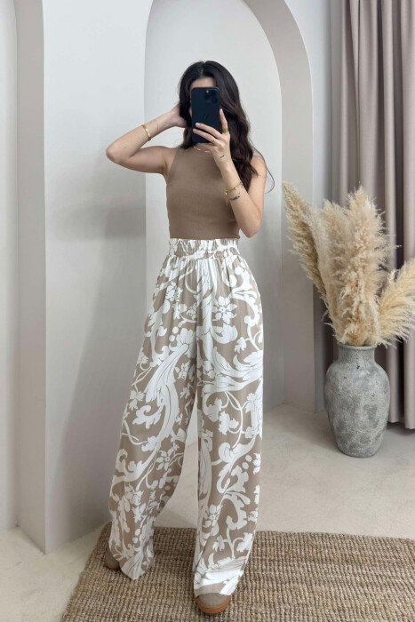 ABSTRACT DESIGN WIDE LEG WOMEN TROUSERS CREM+BEIGE/KREM+BEZHE - 1