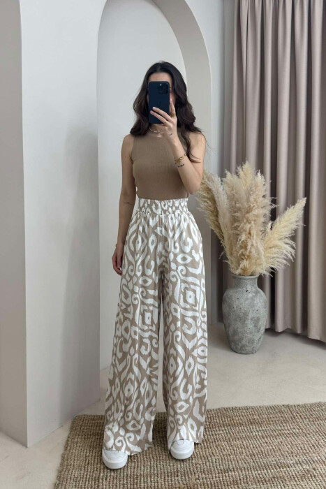 ABSTRACT DESIGN WIDE LEG WOMEN TROUSERS LIGHT BEIGE/BZHZB - 1