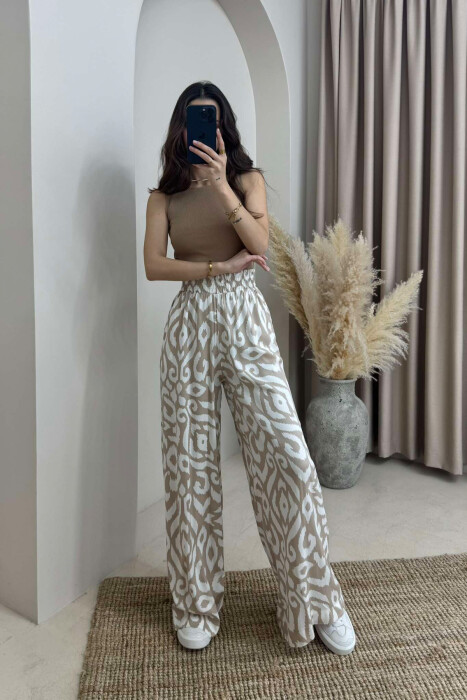 ABSTRACT DESIGN WIDE LEG WOMEN TROUSERS LIGHT BEIGE/BZHZB - 2