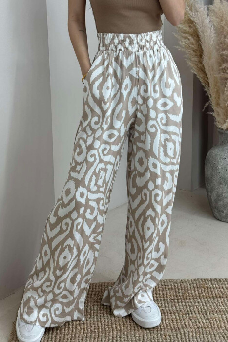 ABSTRACT DESIGN WIDE LEG WOMEN TROUSERS LIGHT BEIGE/BZHZB - 3
