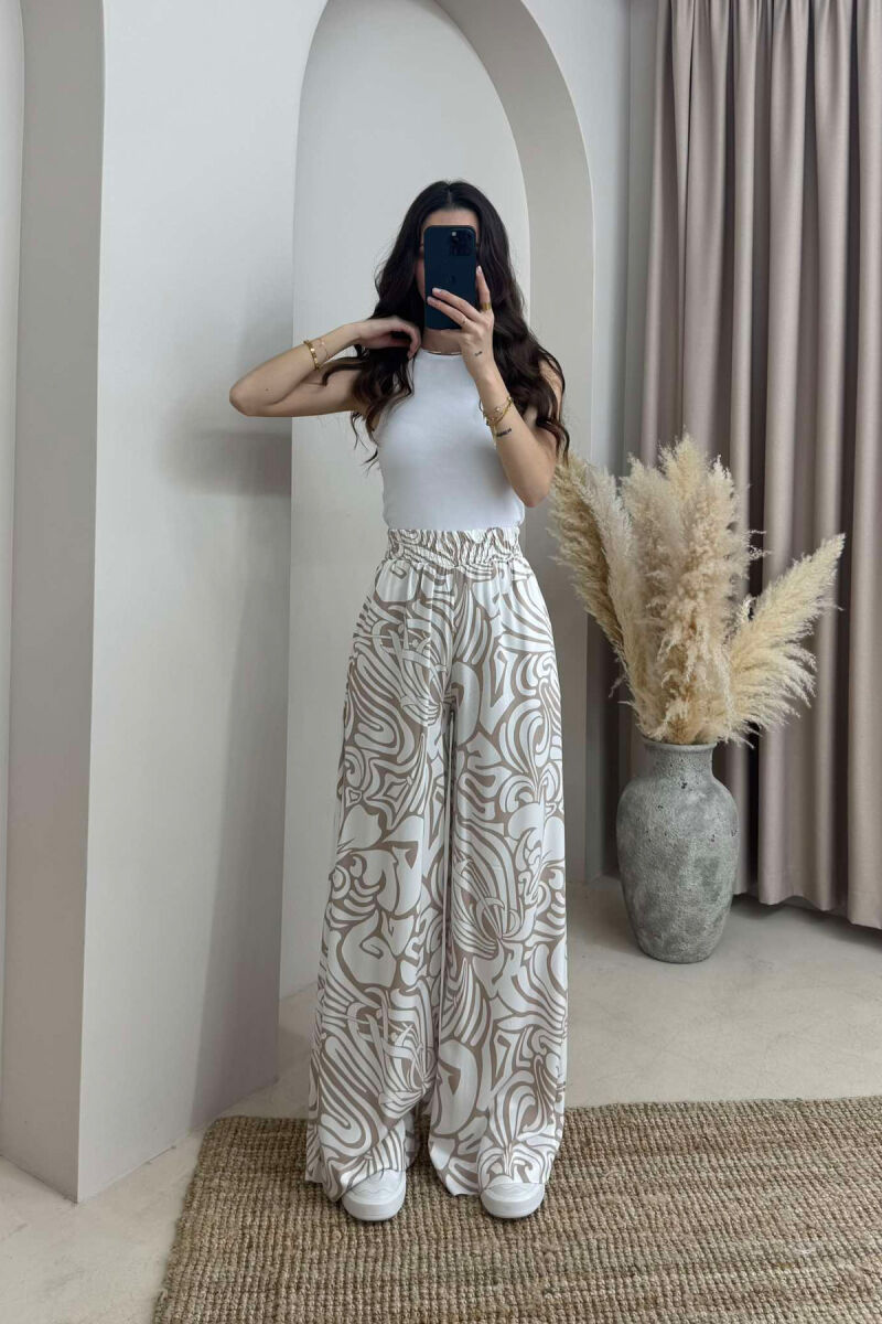 ABSTRACT DESIGN WIDE LEG WOMEN TROUSERS WHITE-BEIGE/BABZH - 1