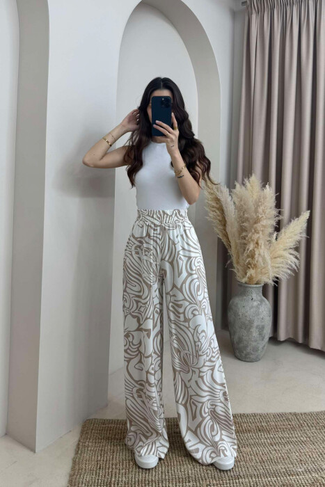 ABSTRACT DESIGN WIDE LEG WOMEN TROUSERS WHITE-BEIGE/BABZH - 2