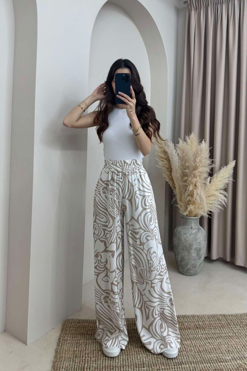 ABSTRACT DESIGN WIDE LEG WOMEN TROUSERS WHITE-BEIGE/BABZH - 2