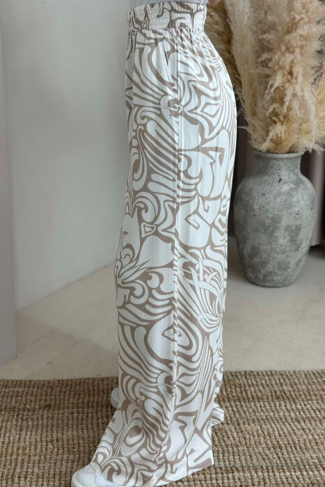 ABSTRACT DESIGN WIDE LEG WOMEN TROUSERS WHITE-BEIGE/BABZH - 3