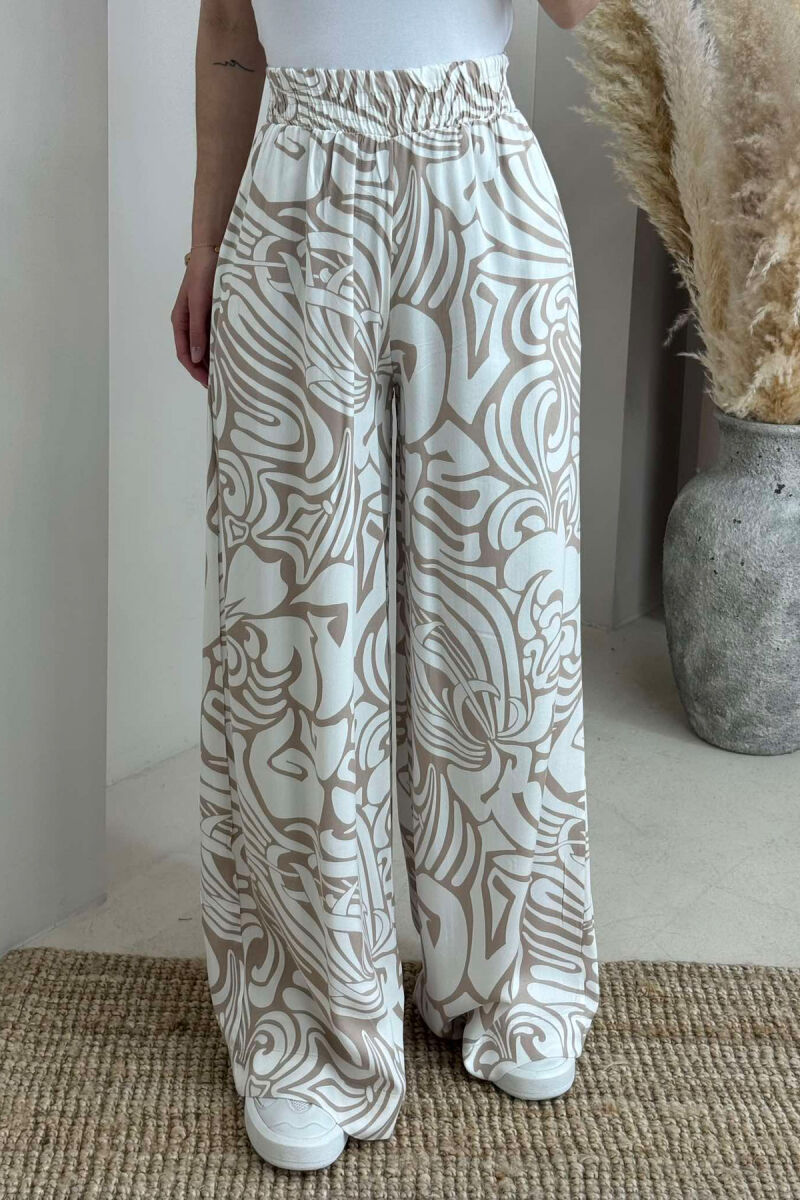 ABSTRACT DESIGN WIDE LEG WOMEN TROUSERS WHITE-BEIGE/BABZH - 4