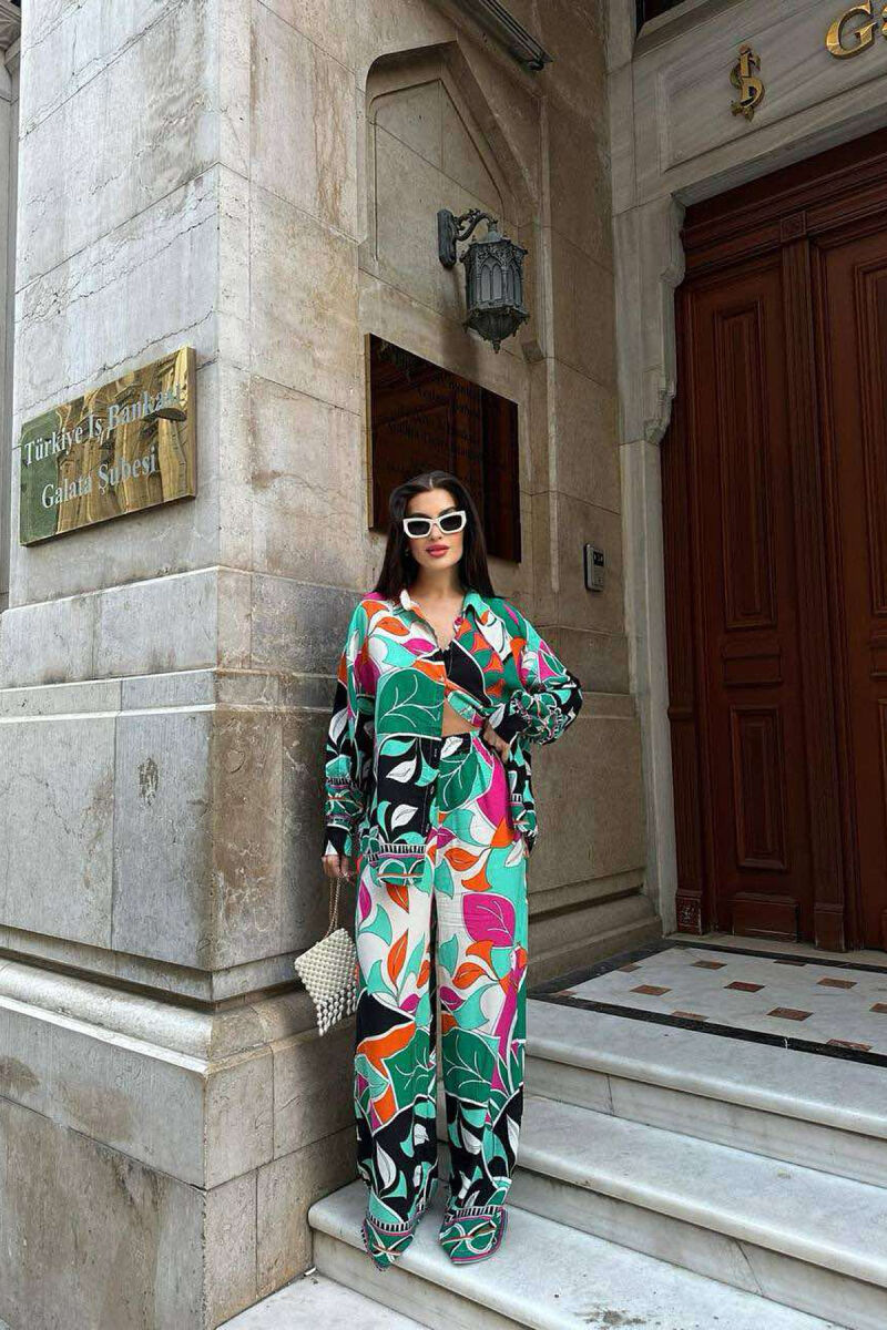 ABSTRACT PATTERN SHIRT+TROUSERS WOMEN SET GREEN/JESHILE - 1