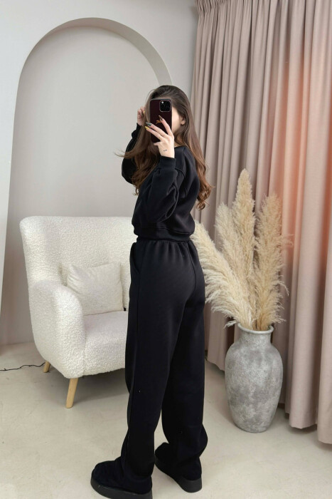 ALO CROPPED SWEATSHIRT+SWEATPANTS FLUFFY WOMEN SET BLACK/ E ZEZE - 2
