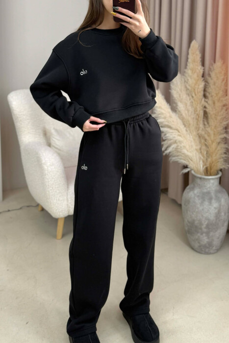 ALO CROPPED SWEATSHIRT+SWEATPANTS FLUFFY WOMEN SET BLACK/ E ZEZE - 3