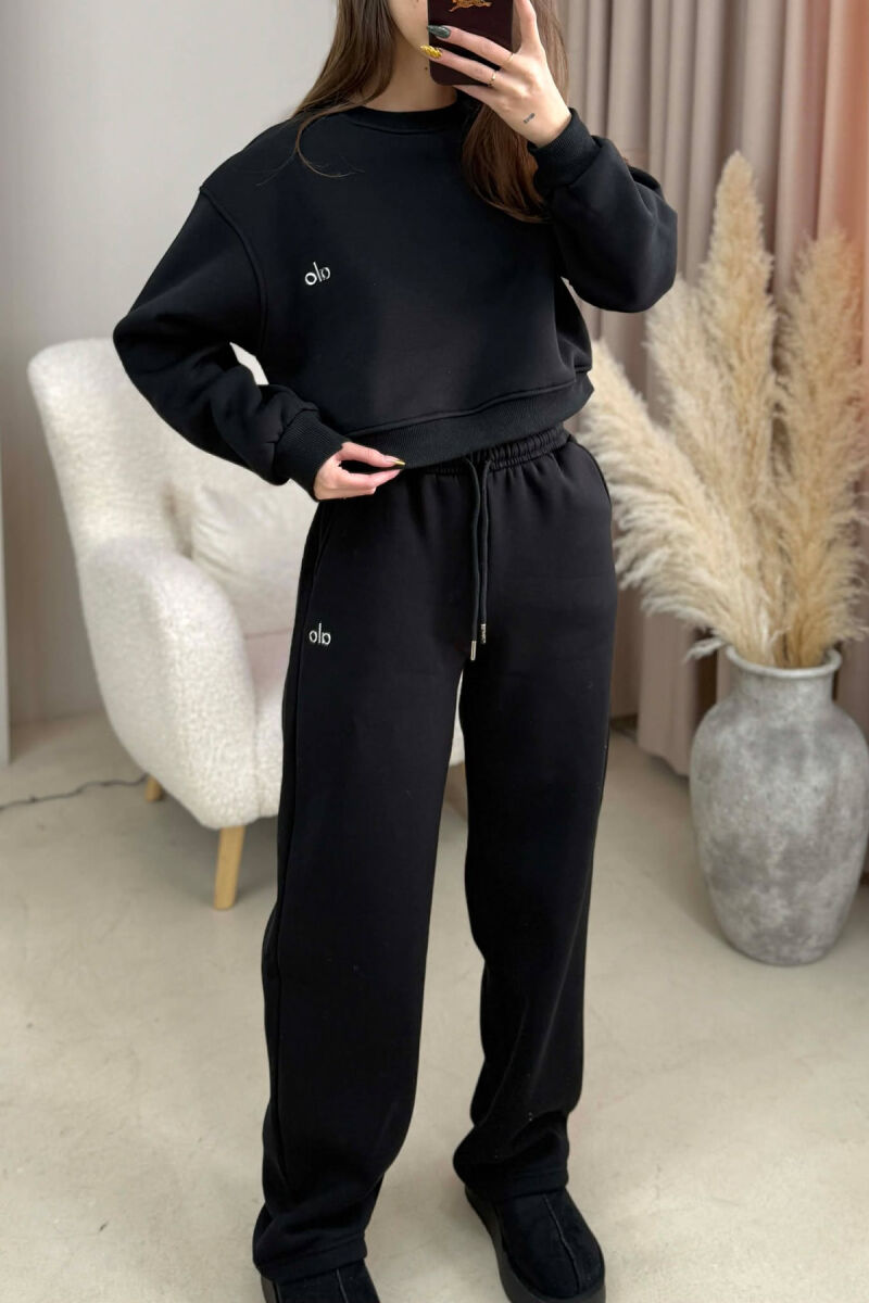 ALO CROPPED SWEATSHIRT+SWEATPANTS FLUFFY WOMEN SET BLACK/ E ZEZE - 3