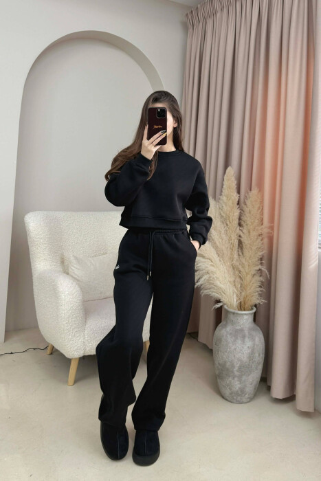 ALO CROPPED SWEATSHIRT+SWEATPANTS FLUFFY WOMEN SET BLACK/ E ZEZE - KLAUDIO FASHION