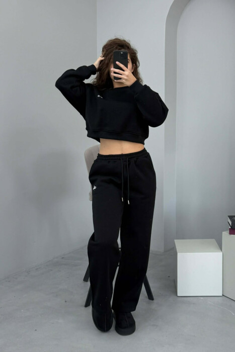ALO CROPPED SWEATSHIRT+SWEATPANTS FLUFFY WOMEN SET BLACK/ E ZEZE - KLAUDIO FASHION