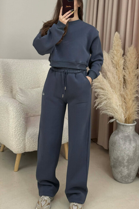 ALO CROPPED SWEATSHIRT+SWEATPANTS FLUFFY WOMEN SET DARK GREY/GEE - 3