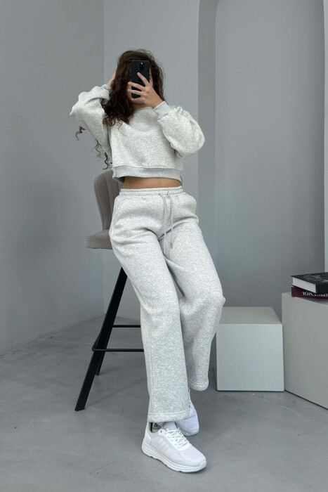 ALO CROPPED SWEATSHIRT+SWEATPANTS FLUFFY WOMEN SET LIGHT GREY/GZ - KLAUDIO FASHION