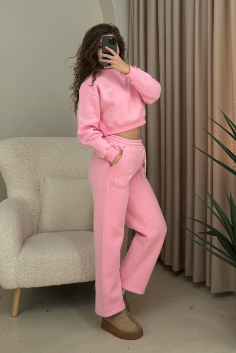 ALO CROPPED SWEATSHIRT+SWEATPANTS FLUFFY WOMEN SET PINK/ROZE - 4