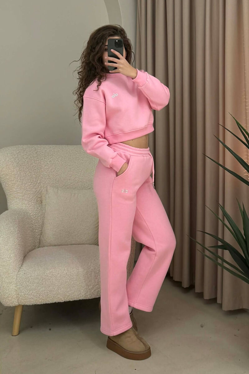 ALO CROPPED SWEATSHIRT+SWEATPANTS FLUFFY WOMEN SET PINK/ROZE - 4