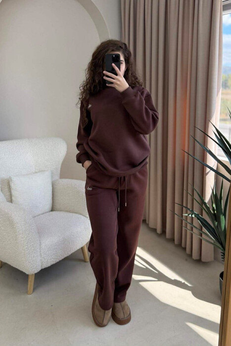 ALO SWEATSHIRT+SWEATPANTS FLUFFY WOMEN SET BROWN/KAFE 