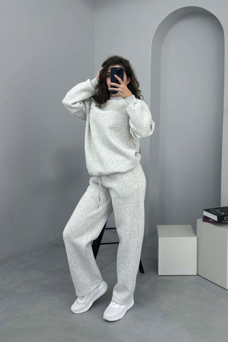 ALO SWEATSHIRT+SWEATPANTS FLUFFY WOMEN SET LIGHT GREY/GZ 