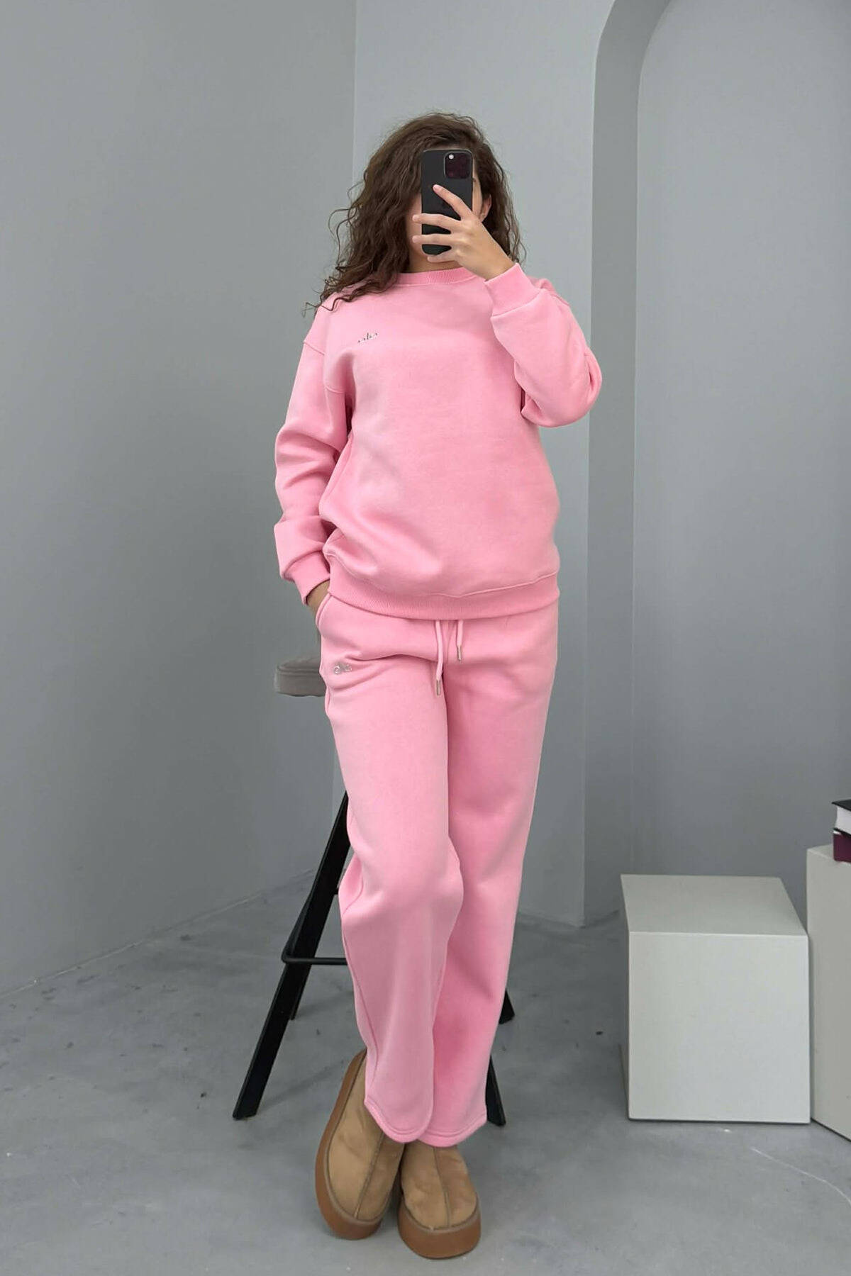 ALO SWEATSHIRT+SWEATPANTS FLUFFY WOMEN SET PINK/ROZE SWEATSUIT